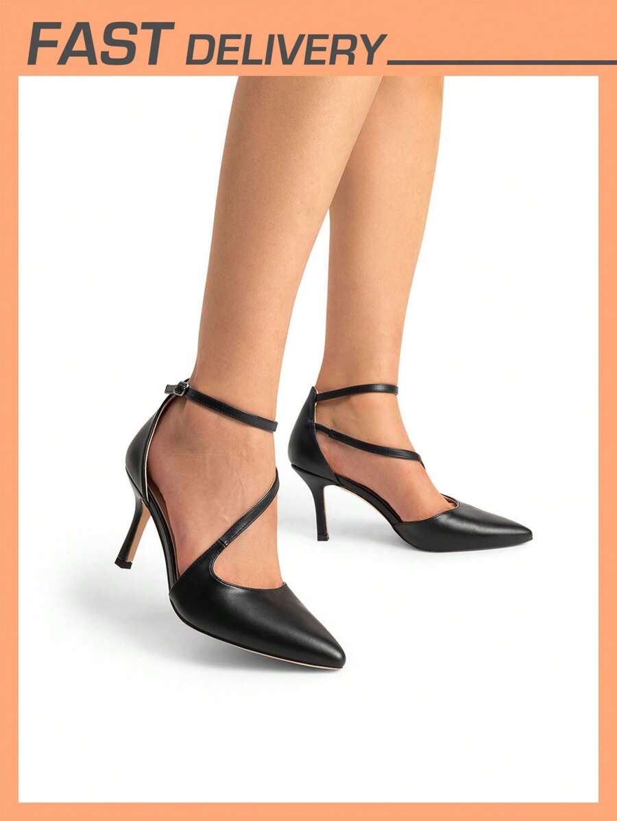 Women's Stiletto High Heels Strappy Pumps Closed Pointed Toe Ankle Strap Solid Color Fashionable Wedding Bridal Party Dress Shoes - 黑色/PU - 查看 1