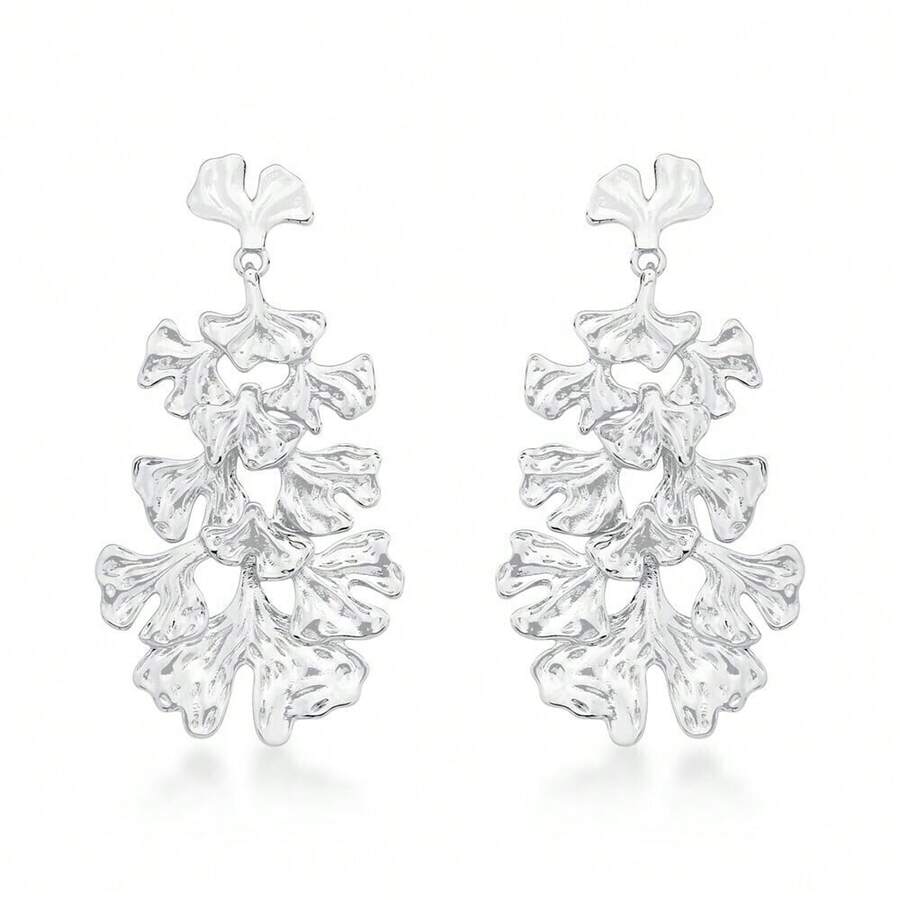 Ginkgo Biloba Long Silver Earring - 金色 - 查看 1