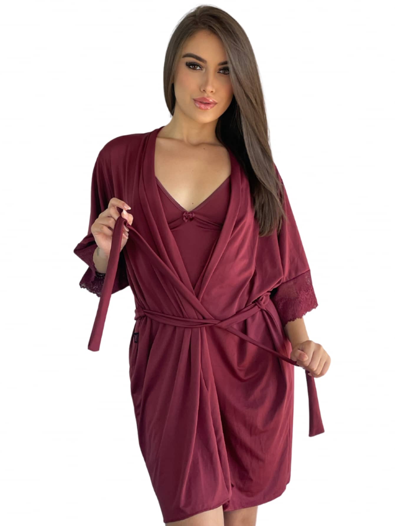 Charme Dela's Luxury Lace Robe With Polyamide Kimono Tie - Burgundy - View 1