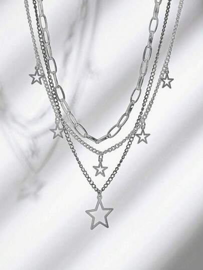 3pcs/Set Silver Star Necklace, Fashion Women Chain Necklace & Charm Necklace Set, Silver-Color Necklace Sets For Ladies