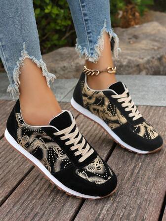Women Casual Sneakers New Autumn Gold Butterfly Pattern Lace-Up Soft Bottom Training Shoes Low-Top Comfortable Running Shoes Flat Gump Shoes