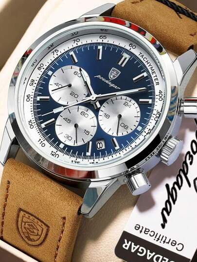 POEDAGAR 1pc Sports Fashion Men's Quartz Wrist Watches With PU Leather Strap, Waterproof Luminous, Date Chronograph Funtion, Casual Man Wristwatch Suitable For Daily Occasions, Holiday Gifts For Men