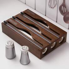 1pc Bamboo Plastic Wrap Dispenser, Kitchen Organiser, Aluminum Foil And Plastic Wrap Storage Box, Suitable For Kitchen(Khaki)