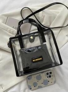 Womens Clear Tote Bags Set Mini Casual Transparent Shoulder Crossbody Bags Shopping Commuter Bags - 黑色 - 查看 7