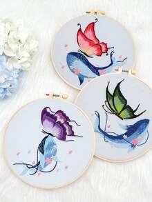 1 套莊周蝴蝶夢刺繡壁掛/桌布裝飾 Diy 刺繡材料包,帶繡圈、穿線器和顏色隨機纏繞板 - 彩色 - 查看 3