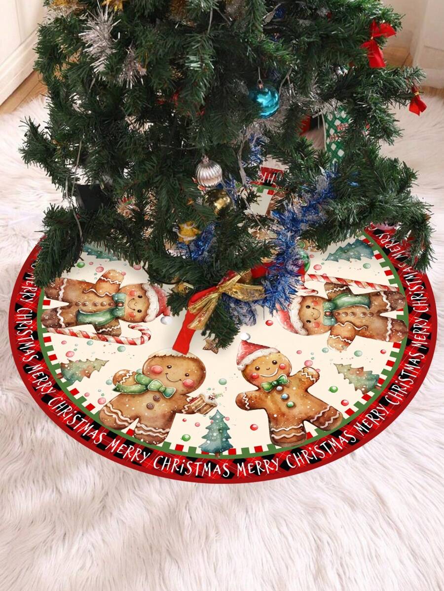 1pc Christmas Tree Skirt, Vintage Gingerbread Man Design, Suitable For Christmas Tree And Table Decor - Multicolor - View 1