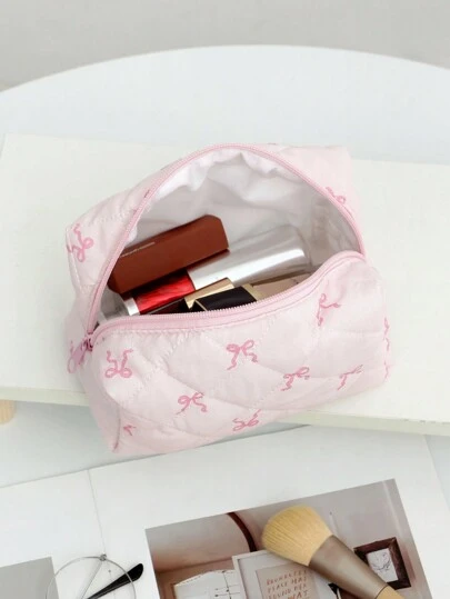1 pieza Bolsa de maquillaje con lazo rosa lindo, de gran capacidad para niñas, adecuada para guardar lápiz labial, brochas de maquillaje, productos de cuidado de la piel, teléfono, monedas, artículos pequeños, para uso en el hogar, viajes, vacaciones y la escuela. Bolsa de maquillaje/Bolsa de cosméticos/Bolsa de aseo/Artículos esenciales de viaje/Artículos esenciales para dormitorio, regalo para dama de honor, regalo para la madre, Kawaii
