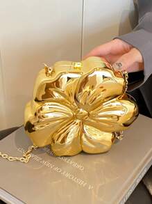 Women's Elegant Mini Flower Shaped Chain Crossbody Bag, Metallic Y2K Style Theme Party Shoulder Bag, Fashionable Novelty Shaped Bags, Versatile Small Mobile Phone Key Coin Purse, Portable Outdoor Travel Vacation Cosmetic Bags, Exquisite Floral Bag For Women