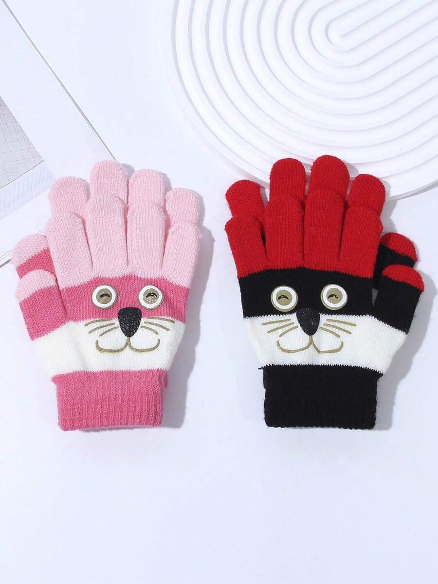 2pairs Kids 38Y Puppy Moustache Design Warm Knitted Gloves, Suitable