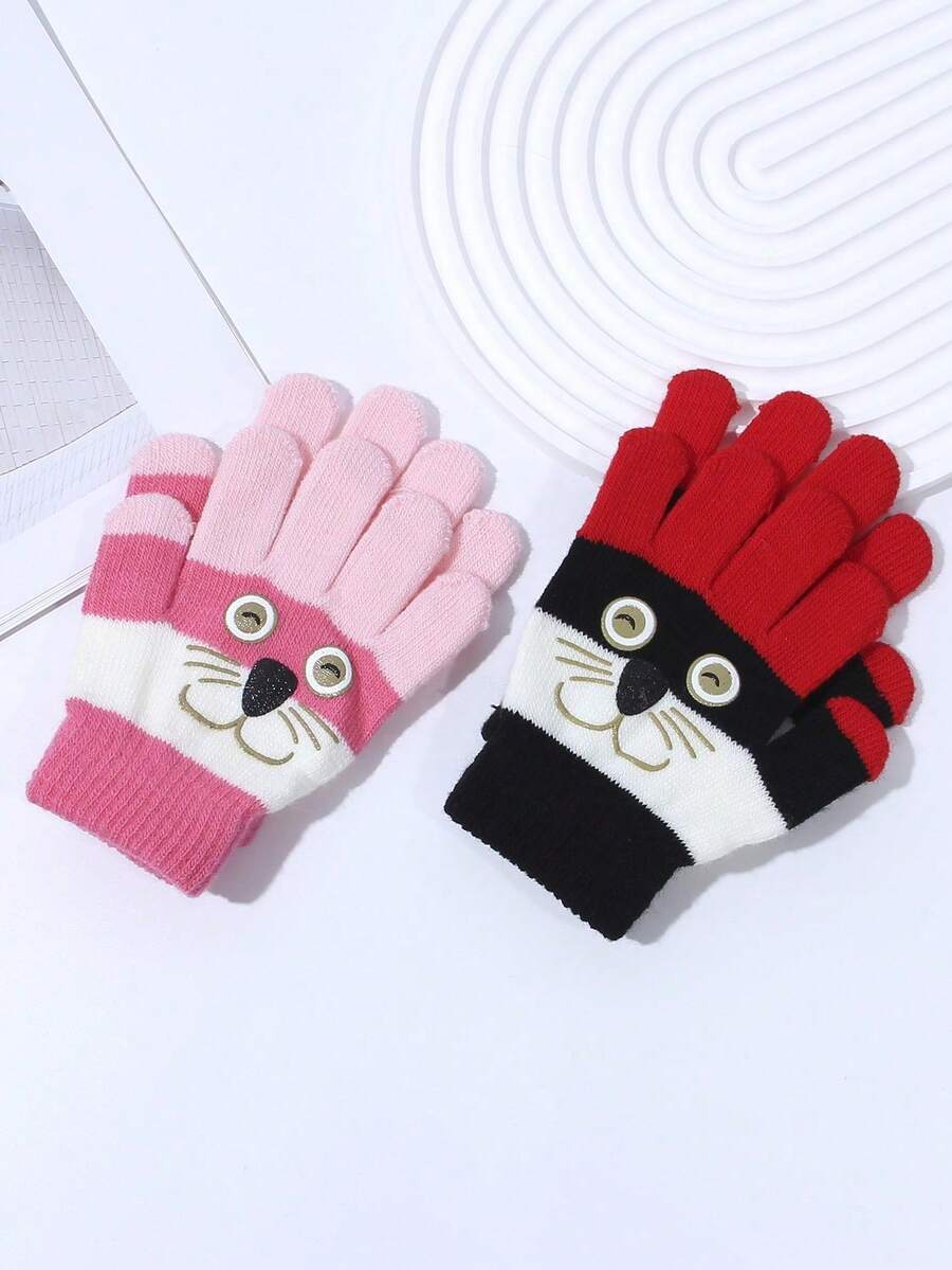 2pairs Kids 38Y Puppy Moustache Design Warm Knitted Gloves, Suitable