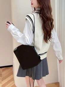 Women College Style Contrast Trim V-Neck Sweater Vest - Beige - View 2