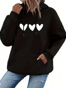 Women's Kangaroo Hearts Sweatshirt Flannel Hooded Jacket New Release - 黑色 - 查看 1