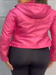 Women's Leather Jacket With Hood - Hot Pink - View 4