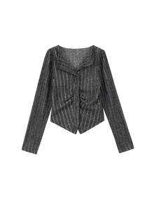 女士 Maillard 针织开衫，修身剪裁，不对称褶皱领，短款毛衣，打底上衣