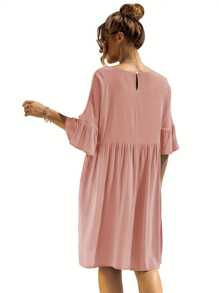 Front Pockets Babydoll Dress Half Sleeve Round Neck Solid Tunic Dress