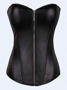 女士时尚塑身衣，前拉链设计，PU皮革面料，带腰部收紧带，可外穿，速干。 - 黑色 - 查看 1