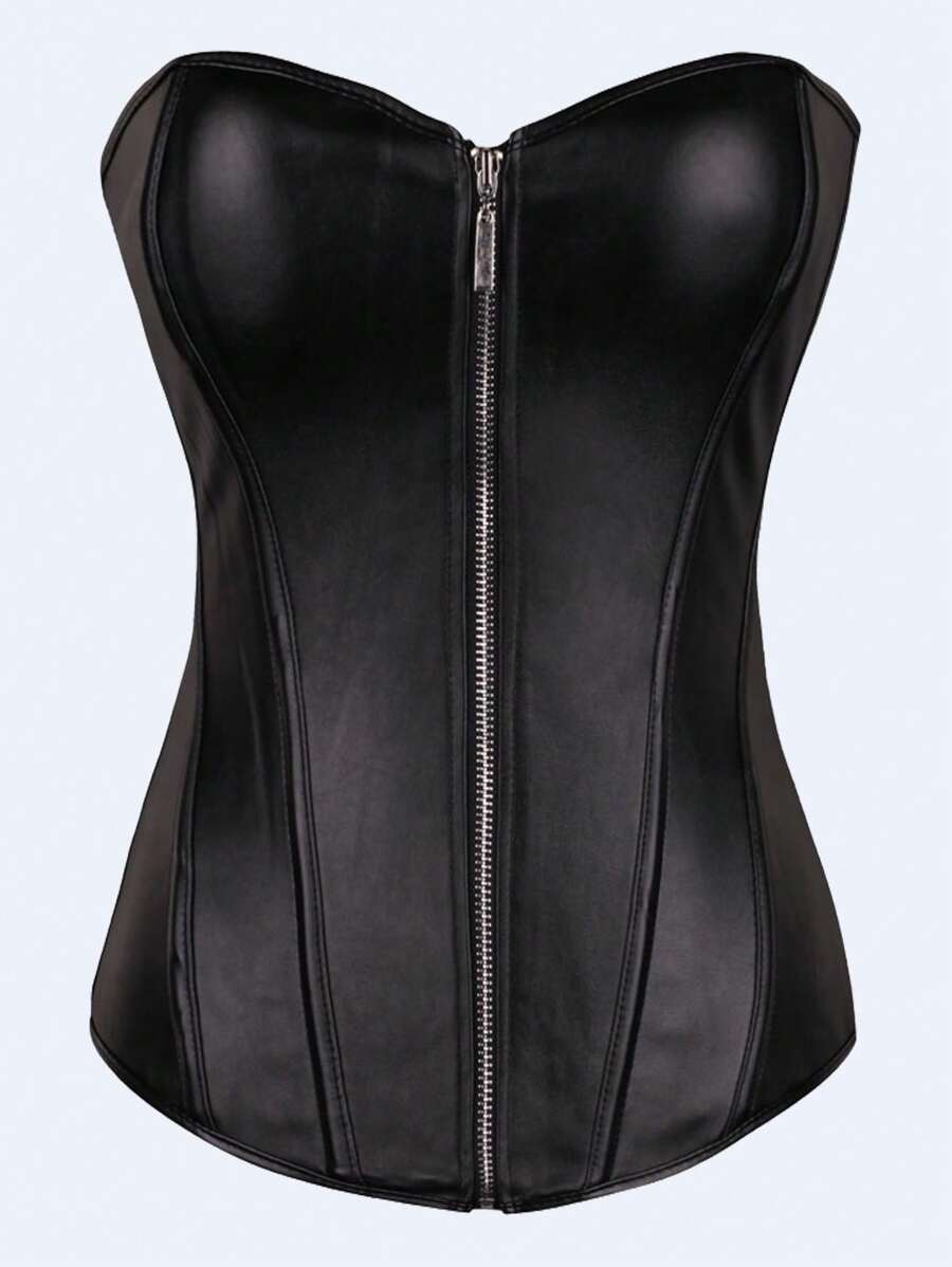 女士时尚塑身衣，前拉链设计，PU皮革面料，带腰部收紧带，可外穿，速干。 - 黑色 - 查看 1
