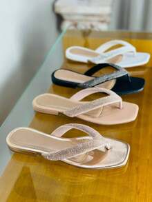 Women's Flat Knot Flip Flops With Shiny Rhinestones Launch 2024 Luxury Stones - 黑色 - 查看 2