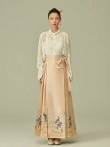 LANZEYILV 女款黄色中式花卉与狐狸图案锦缎百褶裙 - 黃色 - 查看 6