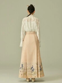 LANZEYILV 女款黄色中式花卉与狐狸图案锦缎百褶裙 - 黃色 - 查看 2