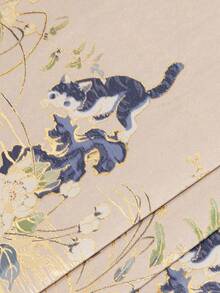 LANZEYILV 女款黄色中式花卉与狐狸图案锦缎百褶裙 - 黃色 - 查看 7