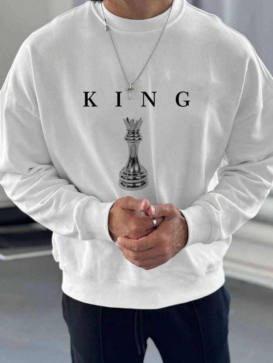Men's Round Neck Letter Print Relaxed Fit Pullover Sweatshirt - White - View 1