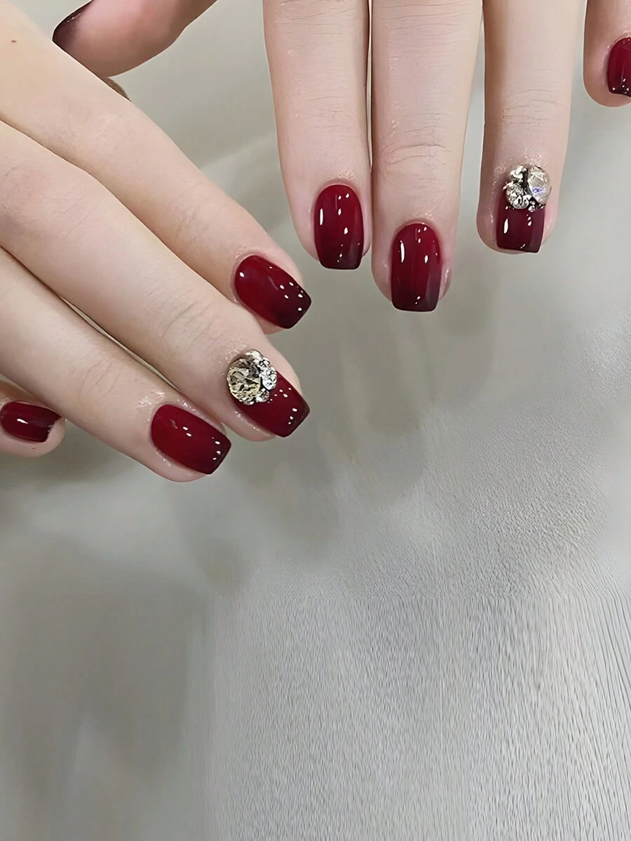 30 件短指甲方形樱桃酒红色水钻装饰指甲套装，适合派对、婚礼或日常佩戴 - 紅色 - 查看 1