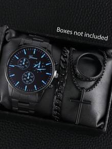 4 piezas Conjunto de regalo para hombre: reloj de cuarzo simple con puntero redondo negro, collar con colgante de cruz negra, anillo y pulsera - Negro - Ver 1