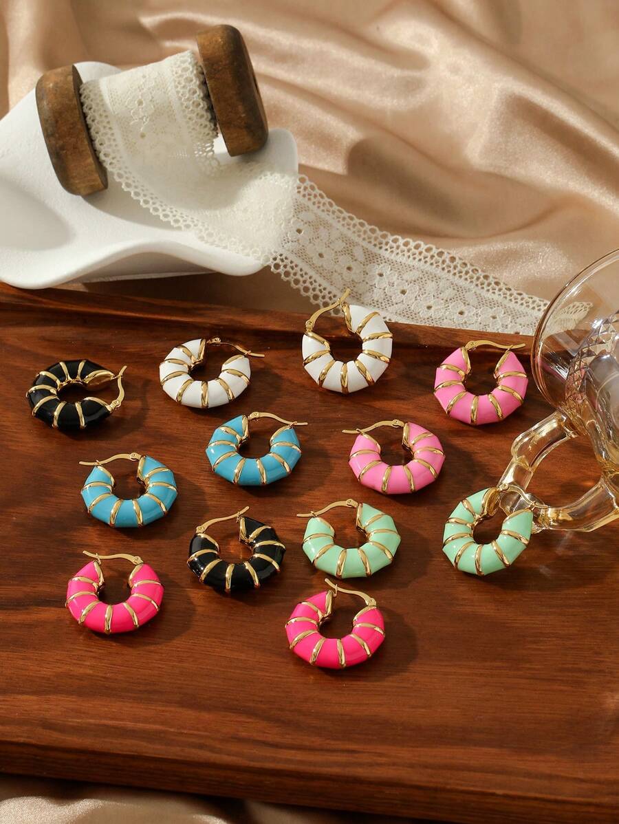 1 Pair 18K Plated Stainless Steel Dopamine Candy Color Segment Dangle Earrings For Women, French Fashionable Ins Style Suitable For Party, Dates, Work