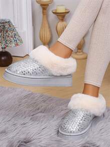 女士亮片雪地靴，冬季保暖毛绒内衬短靴，时尚厚实防滑户外靴