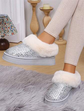 女士亮片雪地靴，冬季保暖毛绒内衬短靴，时尚厚实防滑户外靴