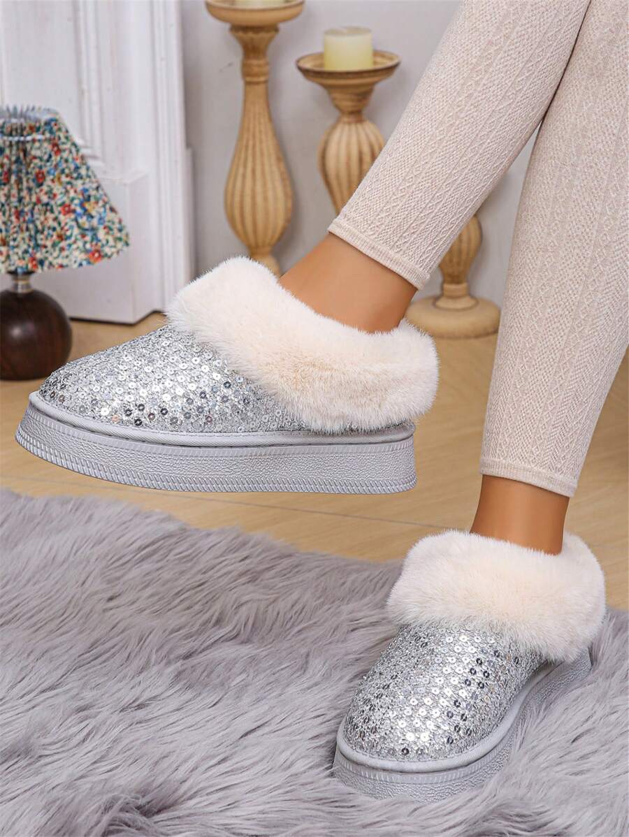 女士亮片雪地靴，冬季保暖毛绒内衬短靴，时尚厚实防滑户外靴