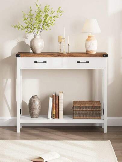 43" Farmhouse Console Table Entryway Table, 2-Tier Wood Sofa Table With Shelf, Behind Couch Table, Console Table With Storage Drawers, For Entryway, Living Room, Hallway, Foyer