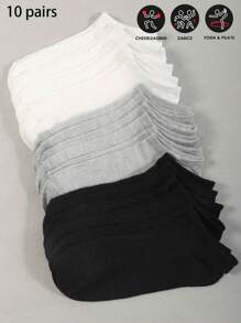 Sports Outdoor 10 Pairs Ladies Simple Solid Color Breathable Flat Summer Ankle Socks, Black/White/Grey