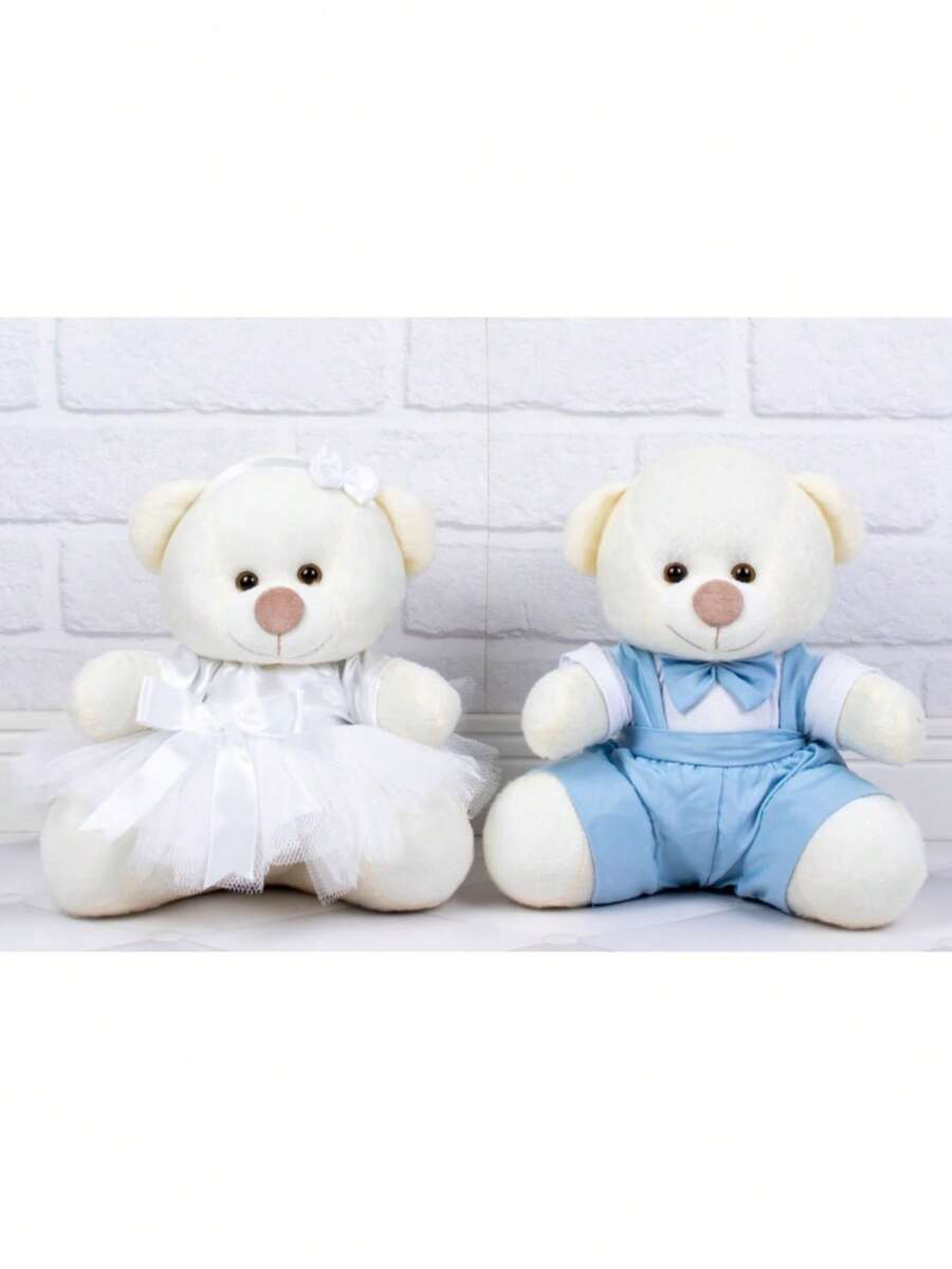 Casal Ursos Tedde 12 Cm Pajem Azul, Daminha Branca - 2 Pçs