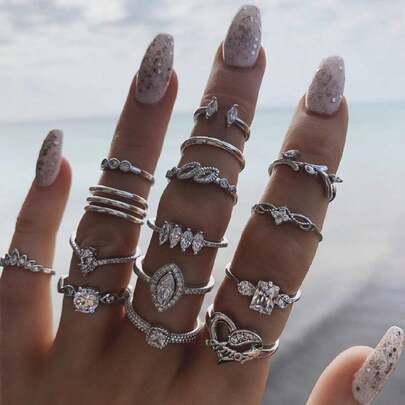 15pcs/Set Open Ring Hollow Heart Rhinestone Jewelry Ring Set Valentines,Mom,Mother,Mother's Day,Gift