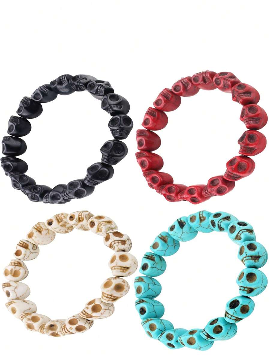 Vòng tay đầu lâu nhiều màu sắc bằng hạt ngọc lam tổng hợp, dây thun co giãn, vòng đơn cho lễ Halloween