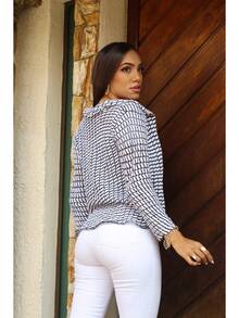 Women's Checkered Knit Blazer Jacket With Long Sleeve Blouse - trắng - Xem 2