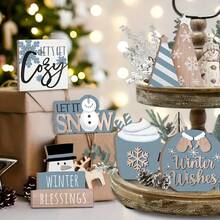 6 件套复古格子冬季分层托盘装饰套装，人造木雪花标志，蜡画饰面和万圣节家居装饰，带有“下雪吧”和雪人热可可设计，乡村艺术主题书桌和壁炉架装饰最佳生日礼物 - 查看 4