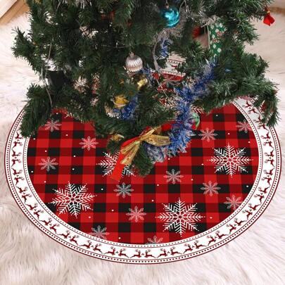 1 Stück Weihnachtsbaumrock, rot-schwarz kariert, Schneeflocken-Hirsch-Design, für Tischdekoration am Weihnachtsbaum