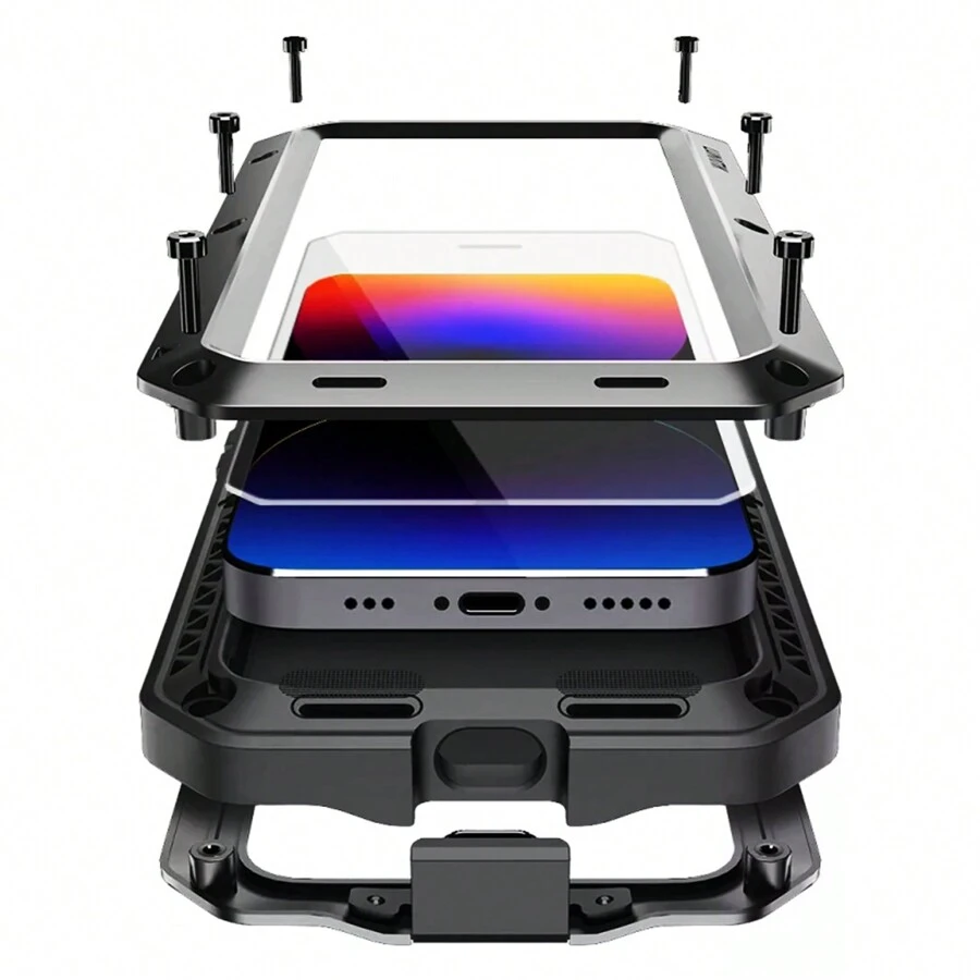 金属外壳，重型防震坚固外壳，内置玻璃屏幕保护膜，360 全身防尘保护套适用于 iPhone 16/15/14/13/12/11 Pro Max/15 Plus/14 Plus/12 Mini/13 Mini/XR/XS Max/X/XS/SE 2022/SE 2020/7 Plus/8 Plus 金属外壳，重型防震坚固外壳，内置玻璃屏幕保护膜，360 全身防尘保护套适用于 iPhone 15/14/13/12/11 Pro Max/15 Plus/14 Plus/12 Mini/13 Mini/XR/XS Max/X/XS/SE 2022/SE 2020/7 Plus/8 Plus 适用于万圣节、圣诞节、生日、新年礼物、送给朋友的礼物 - 黑色 - 查看 1