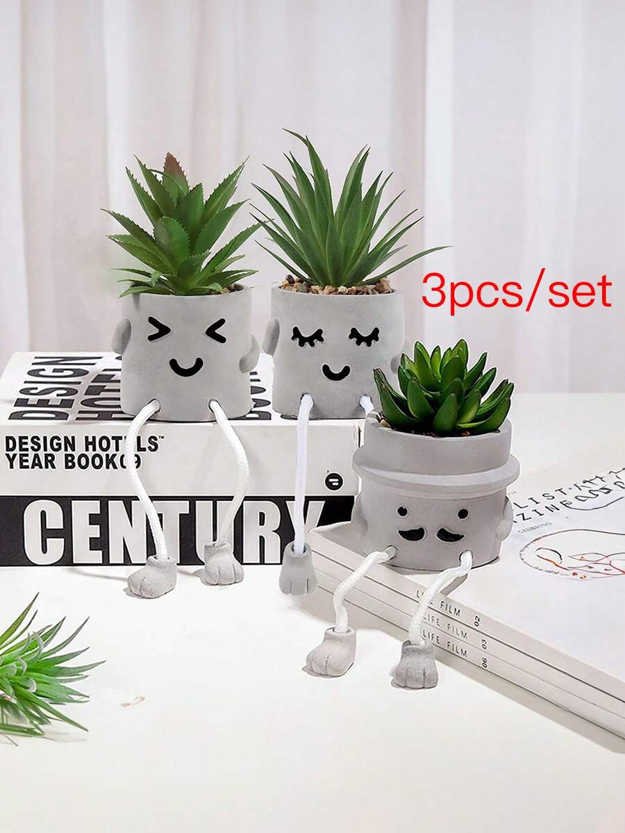 Bộ 3 chậu cây nhân tạo, cây mọng nước mô phỏng với chậu gốm trang trí nhà cửa cho tiệc cưới lễ hội - màu xanh lá - Xem 1