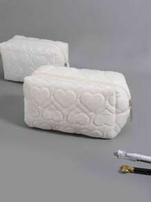 SHEIN X Jess 1pc Heart Tufted Pencil Bag, Simple Heart Embossed Design Office Stationery Organizer For Teen School - White - View 8