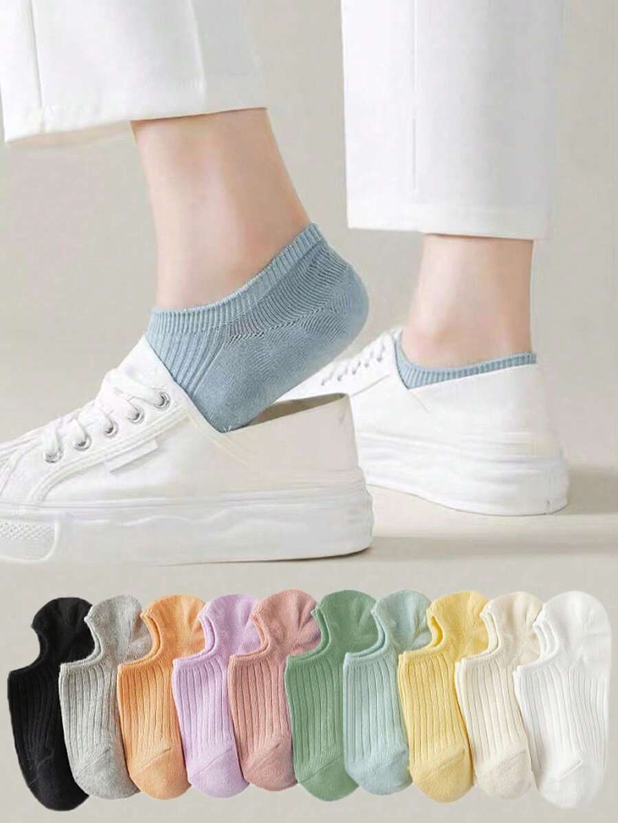 10 Pairs Random Color Women's Solid Color Simple Vertical Stripe Low-Cut Invisible Boat Socks