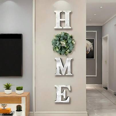 1 Conjunto, Letras de madera rústicas colgantes de HOME desgastadas con corona artificial para decoración de pared shabby chic, decoraciones de casa antiguas para sala de estar, cocina, entrada, regalo de inauguración de casa para San Valentín, Acción de Gracias, Navidad, festival