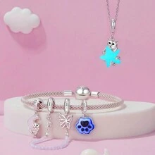 bamoer 1 PC 925 Sterling Silver Cute Cat Star Pendant Flying Balloon Cat Pet Paws Charms Beads Fit Women Girl DIY Bracelet Fine Jewelry