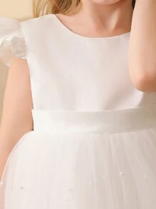 女童白色甜美宽松可爱公主裙，带荷叶袖，休闲优雅派对连衣裙 - 白色 - 查看 3