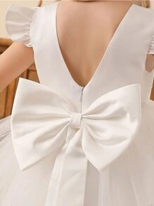 女童白色甜美宽松可爱公主裙，带荷叶袖，休闲优雅派对连衣裙 - 白色 - 查看 4