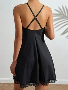 1pc Women's Solid Color Lace-Trim Comfortable Nightgown - Black - View 2