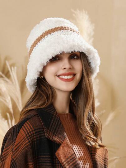 1pc Warm Knitted Plush Cap For Women, Thick, Versatile, Ear-Protected, Fashion Leisure Bucket Hat, Winter